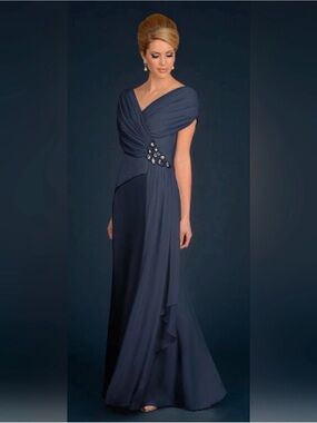 Alexander By Daymor Couture New Navy Pleated Embellished Maxi Gown Dress Size 10